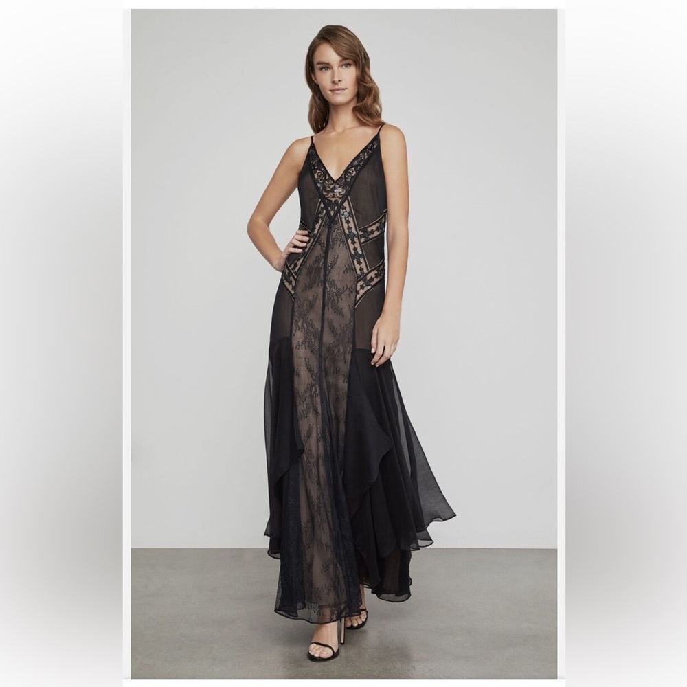 BCBG Maxazria scrolling lace embroidered gown
